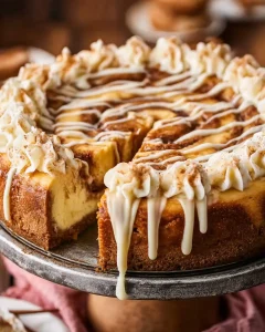 A sliced Cinnamon Roll Cheesecake with cream cheese drizzle and swirled frosting on a rustic cake stand.