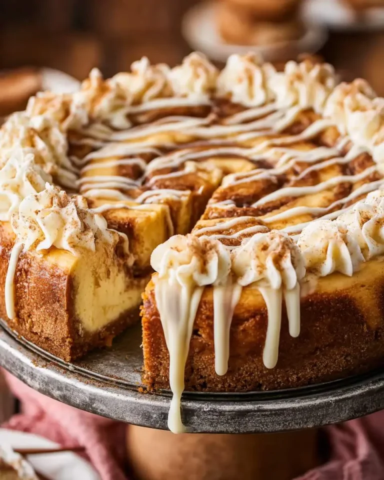 A sliced Cinnamon Roll Cheesecake with cream cheese drizzle and swirled frosting on a rustic cake stand.