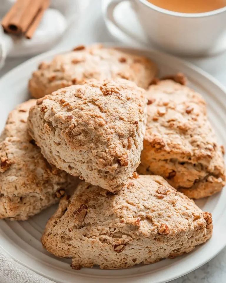 A plate of freshly baked cinnamon scones topped with pecans, served with a cup of coffee and cinnamon sticks in the background.