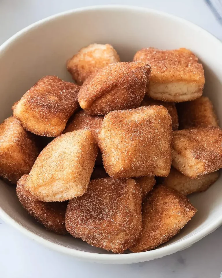 A white bowl filled with golden brown Cinnamon Sugar Biscuit Bites coated in cinnamon and sugar.