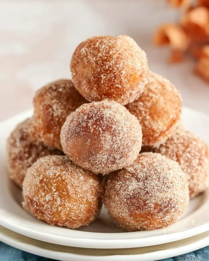 A stack of golden brown Cinnamon Sugar Donut Holes coated in sweet cinnamon sugar, piled on a white plate.