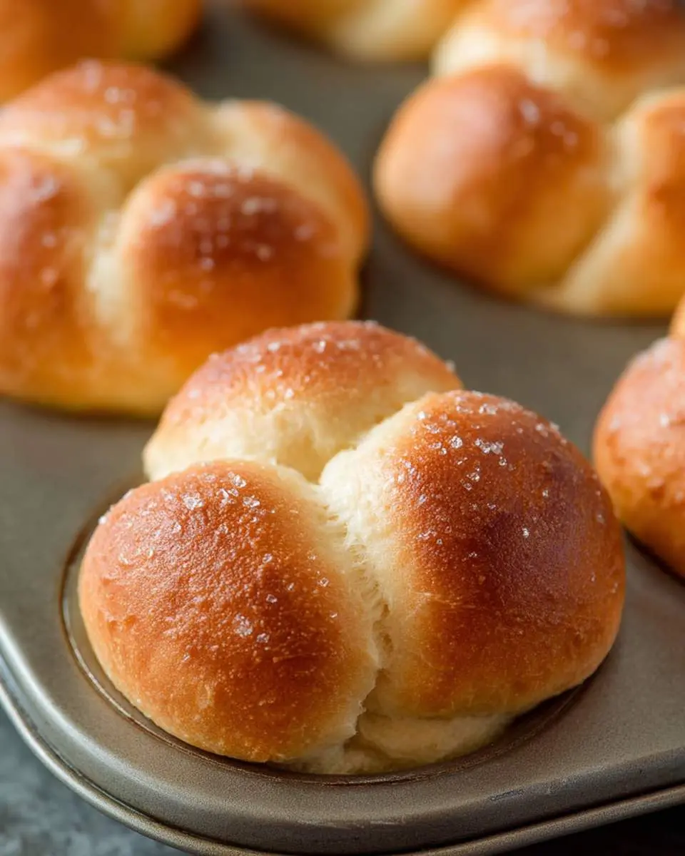 Golden brown Cloverleaf Dinner Rolls topped with coarse salt, arranged in a muffin tin.