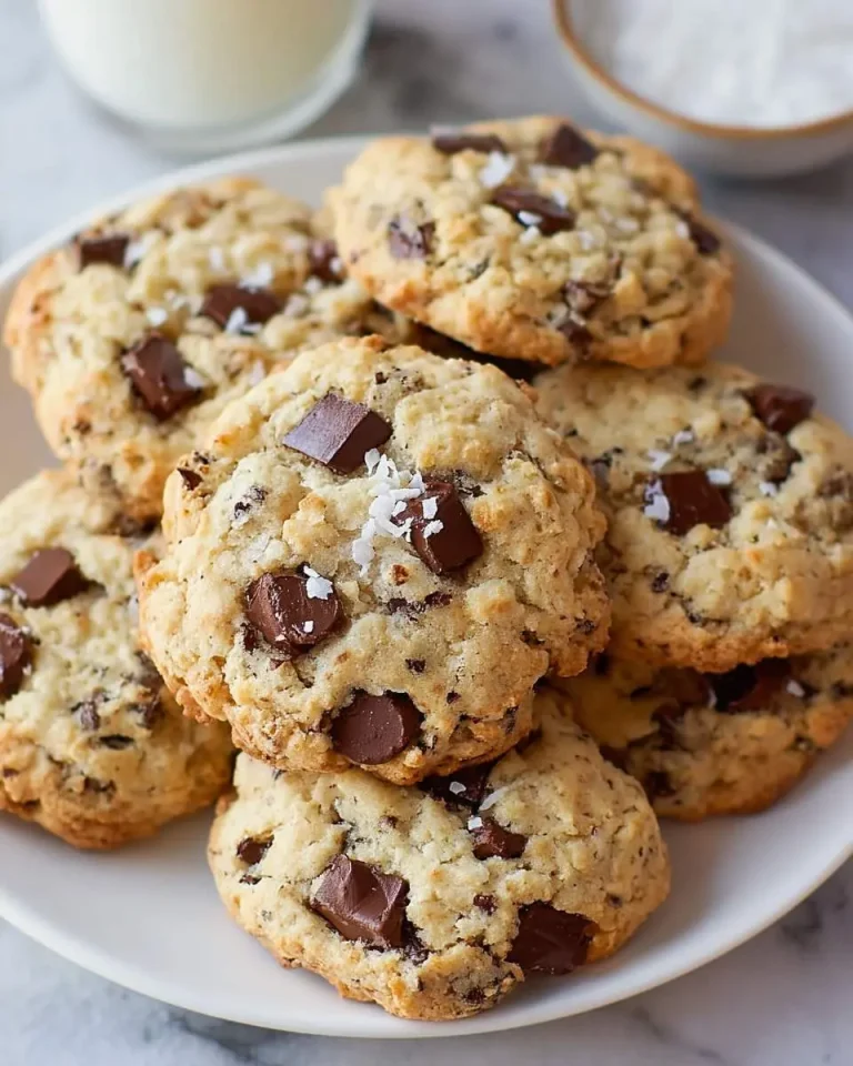 Stack of golden Coconut Chocolate Chip Cookies with chocolate chunks and flaky sea salt on a white plate.