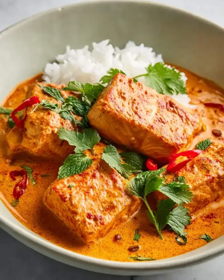 Creamy Coconut Curry Salmon served with white rice, fresh herbs, and red chili in a bowl.