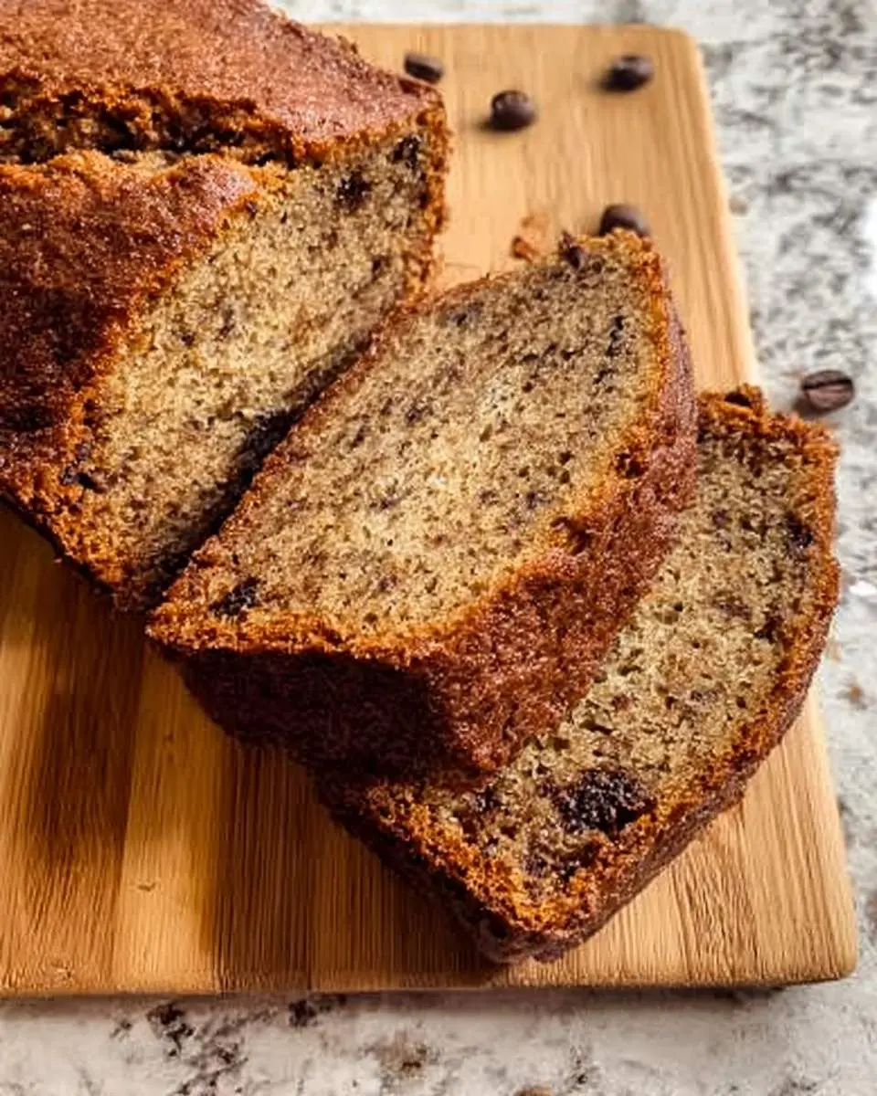 Sliced loaf of moist Coffee Banana Bread on a wooden cutting board with scattered coffee beans.