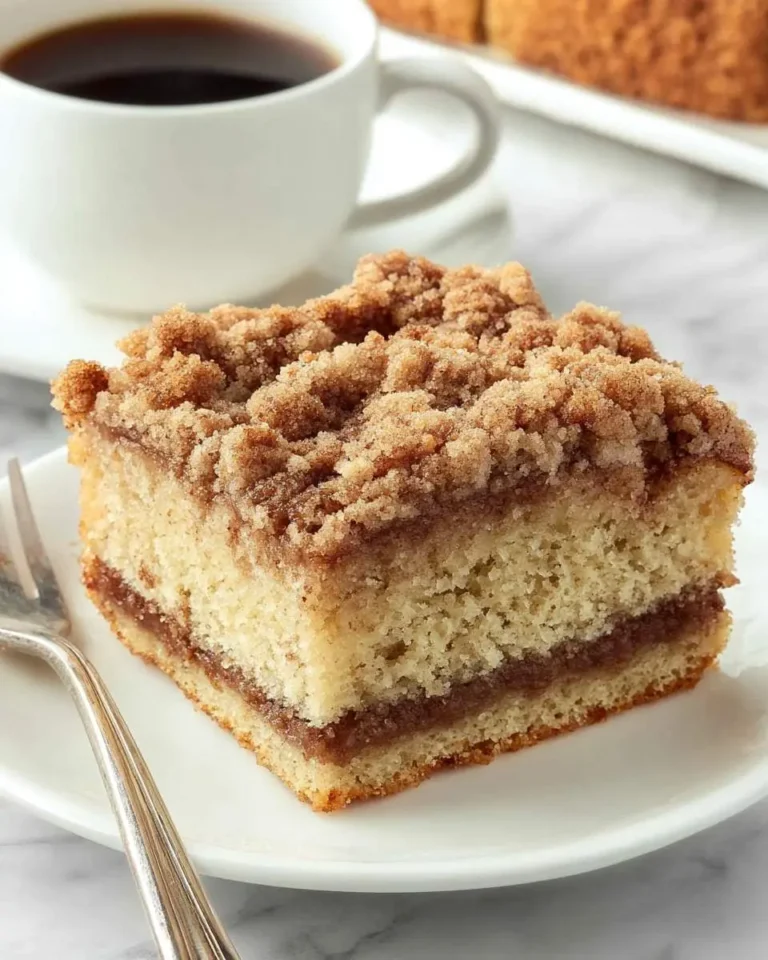 A slice of Coffee Cake with Cinnamon Streusel on a white plate with a fork and cup of coffee in the background.