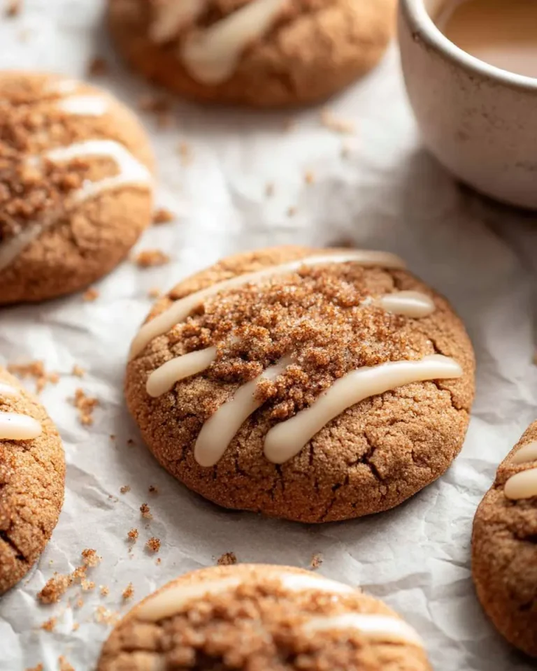 Close-up of freshly baked Coffee Cookies with white icing drizzle and brown sugar topping on parchment paper.