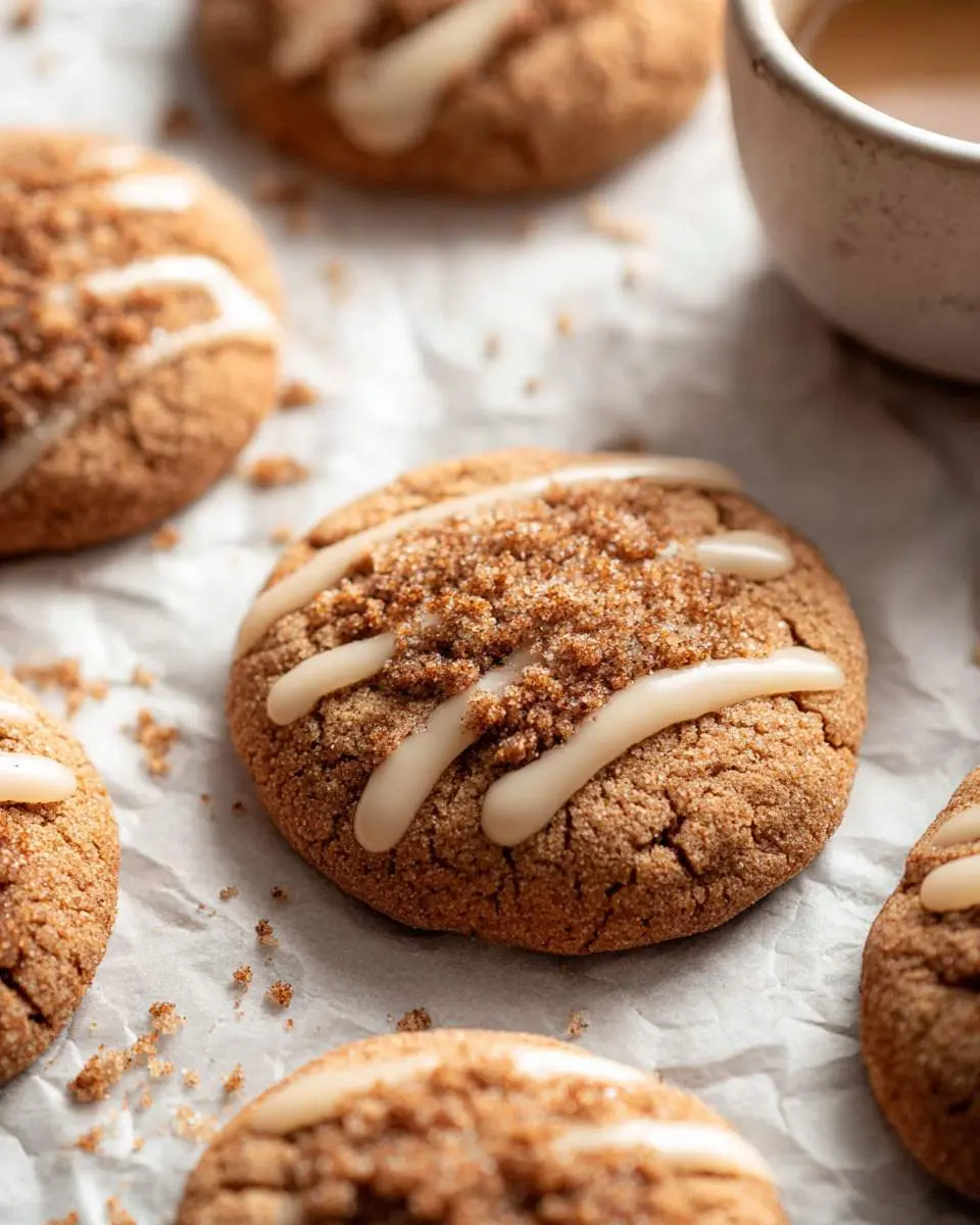 Close-up of freshly baked Coffee Cookies with white icing drizzle and brown sugar topping on parchment paper.
