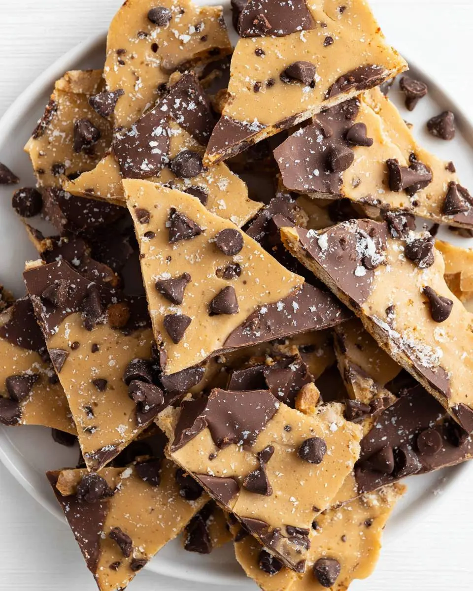 A white plate piled high with irregular pieces of Cookie Dough Bark topped with chocolate chunks and flaky sea salt.