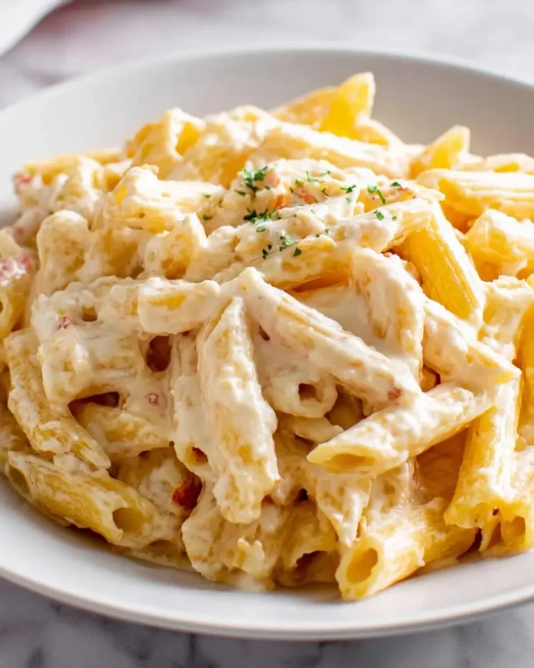 Creamy penne pasta topped with cottage cheese pasta sauce and fresh herbs in a white bowl.