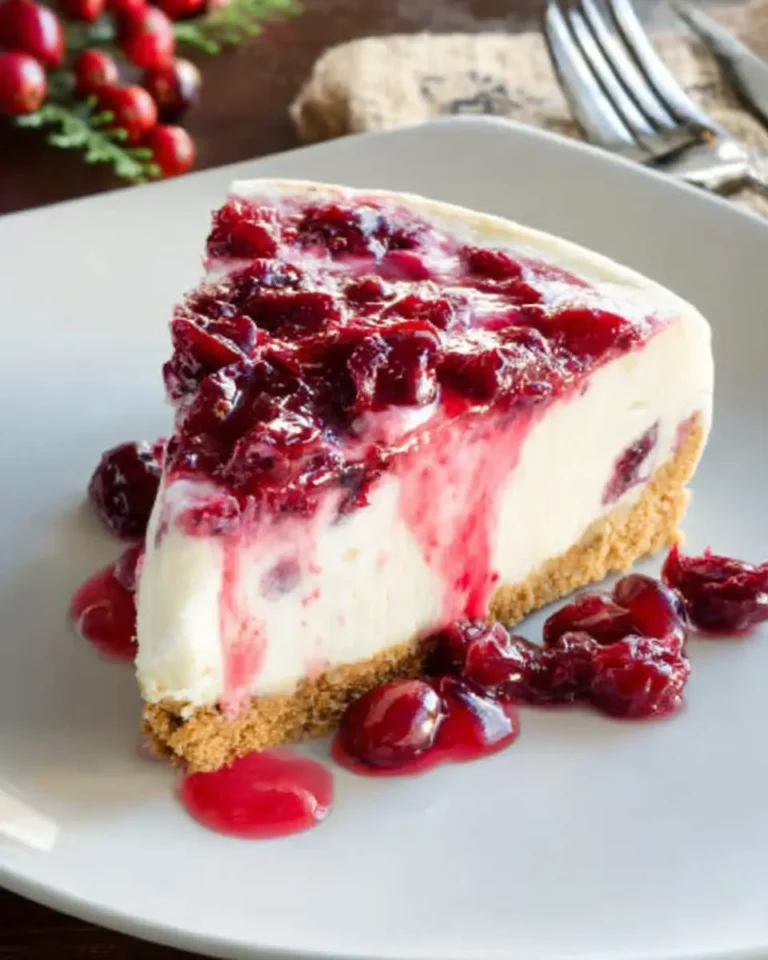 A slice of creamy Cranberry Cheesecake topped with glossy cranberry sauce on a white plate.