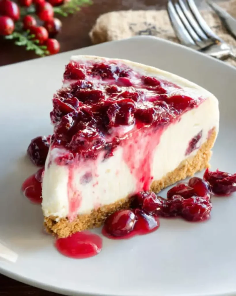 A slice of creamy Cranberry Cheesecake topped with glossy cranberry sauce on a white plate.