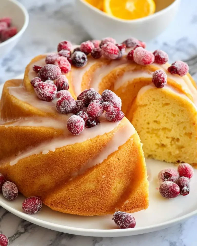 A sliced Cranberry Orange Bundt Cake topped with white glaze and sugared cranberries on a white plate.
