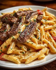 Creamy Cajun Steak Penne Pasta with seared beef strips, herbs, and sun-dried tomatoes on a white plate.