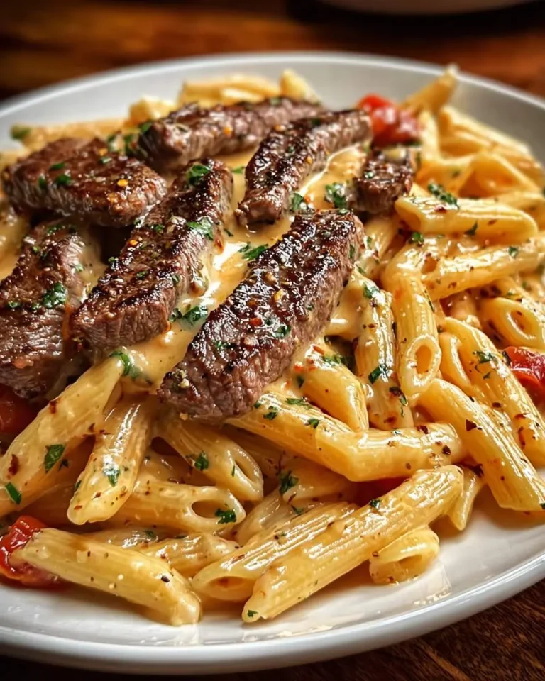 Creamy Cajun Steak Penne Pasta with seared beef strips, herbs, and sun-dried tomatoes on a white plate.