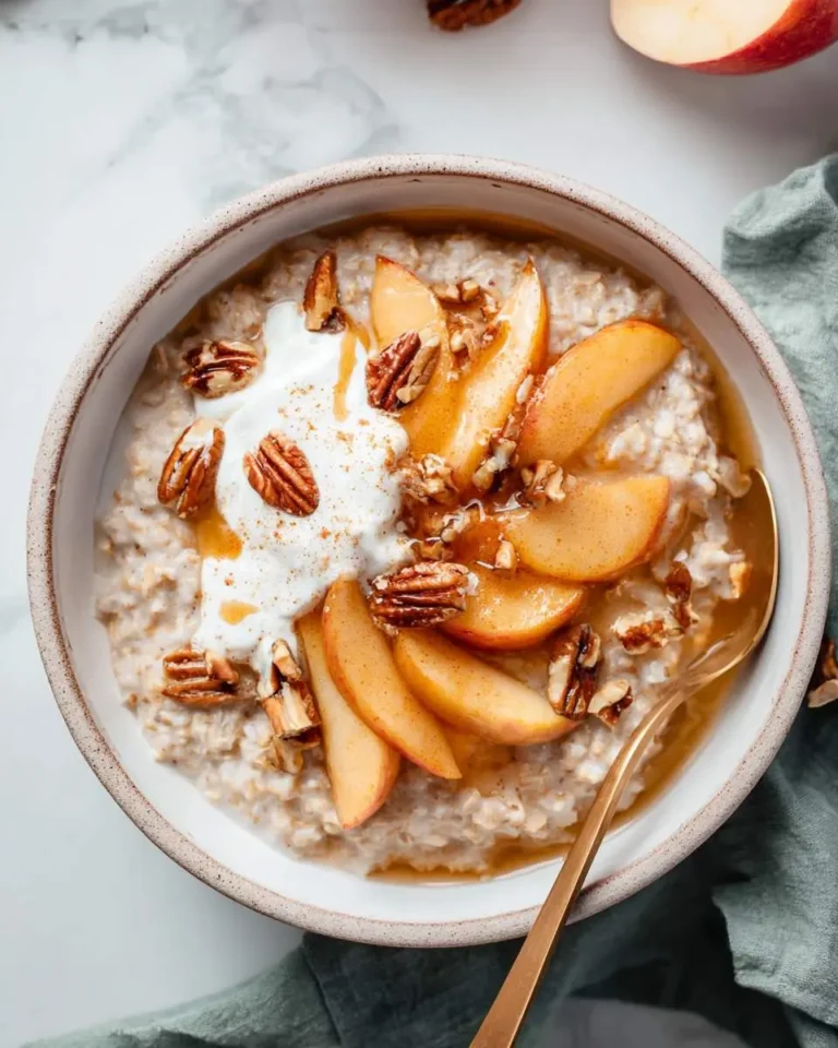 A warm bowl of Creamy Caramelized Apples Oatmeal topped with yogurt, pecans, and maple syrup.