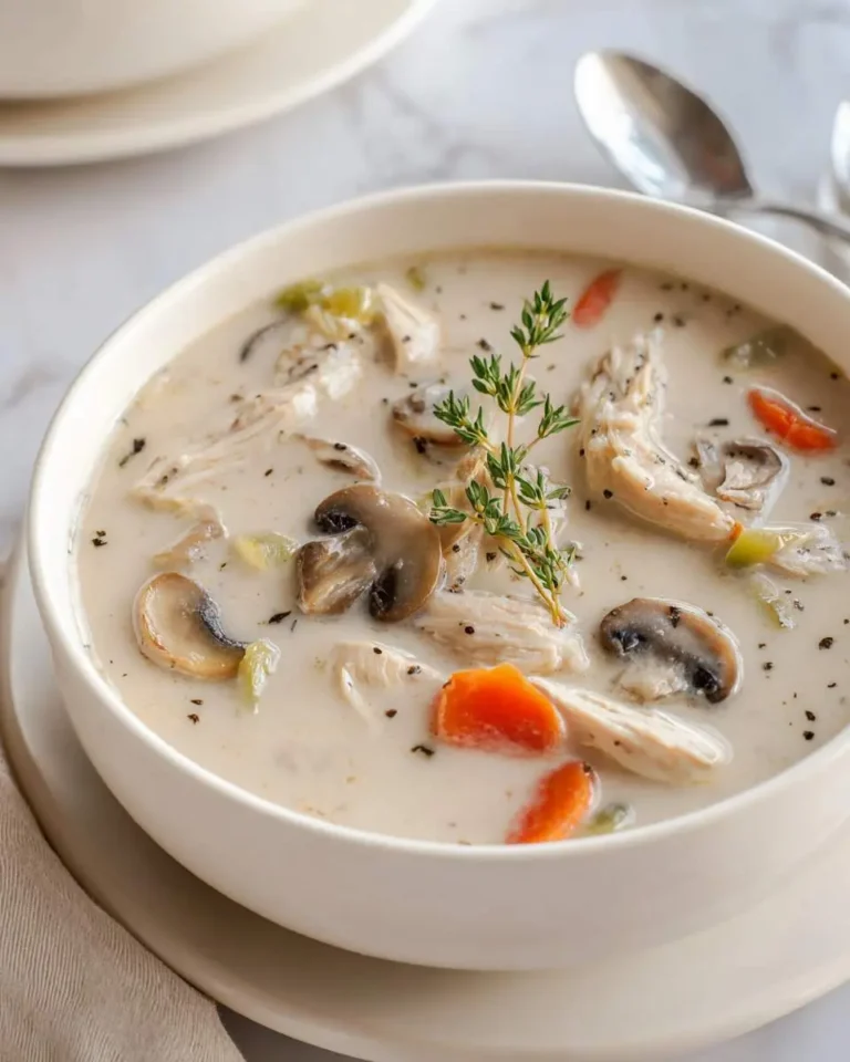 A bowl of Creamy Chicken and Mushroom Soup topped with fresh thyme, featuring tender chicken, mushrooms, and carrots in a rich broth.