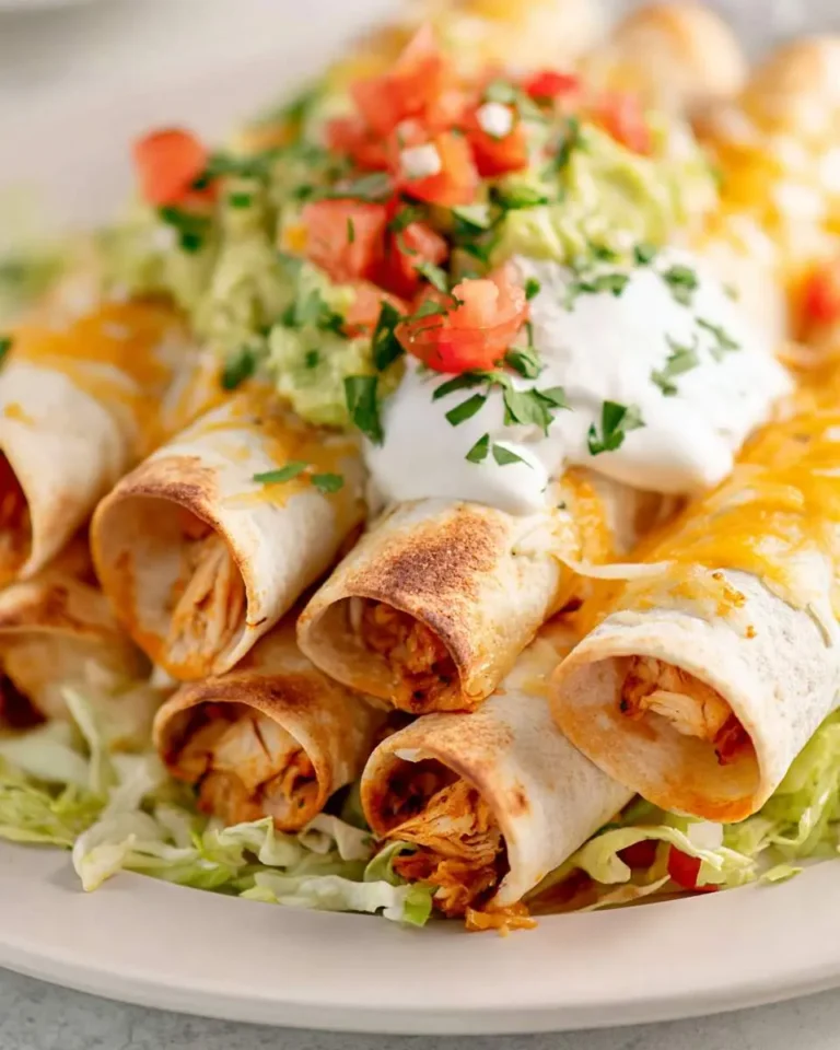 Golden baked Creamy Chicken Taquitos topped with melted cheese, sour cream, guacamole, and fresh pico de gallo on a bed of lettuce.