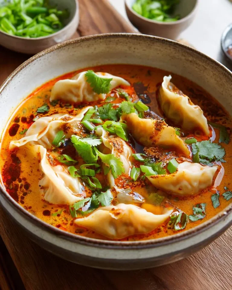 A rustic bowl of creamy dumpling soup with red curry, topped with fresh cilantro and green onions in a rich, spiced broth.