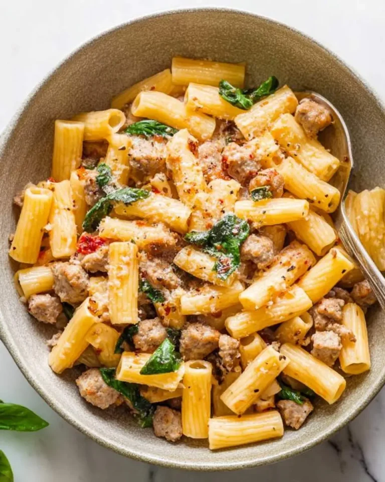 A bowl of creamy Italian sausage pasta with rigatoni, fresh basil, and grated cheese.