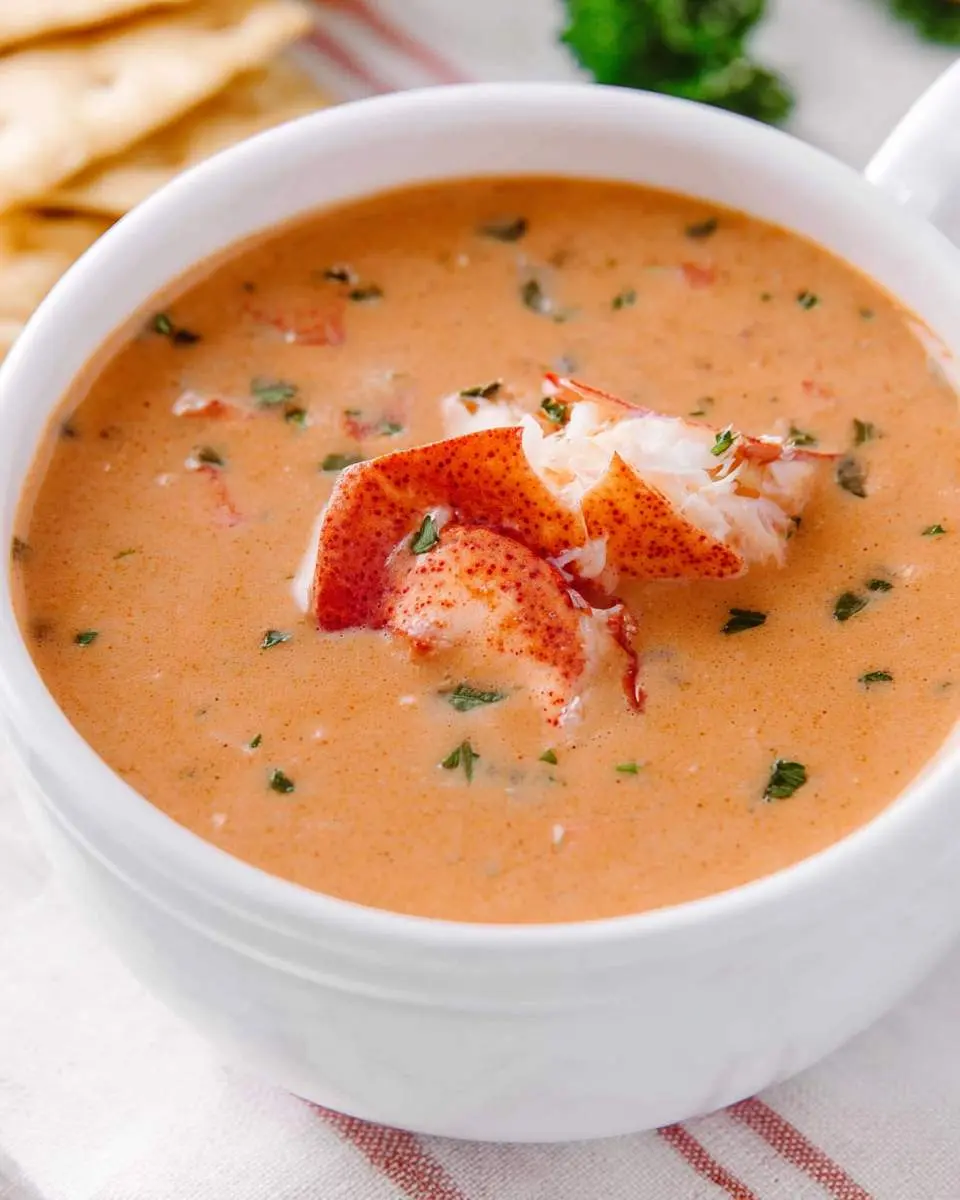 A white bowl filled with creamy lobster bisque topped with fresh lobster meat and herbs.