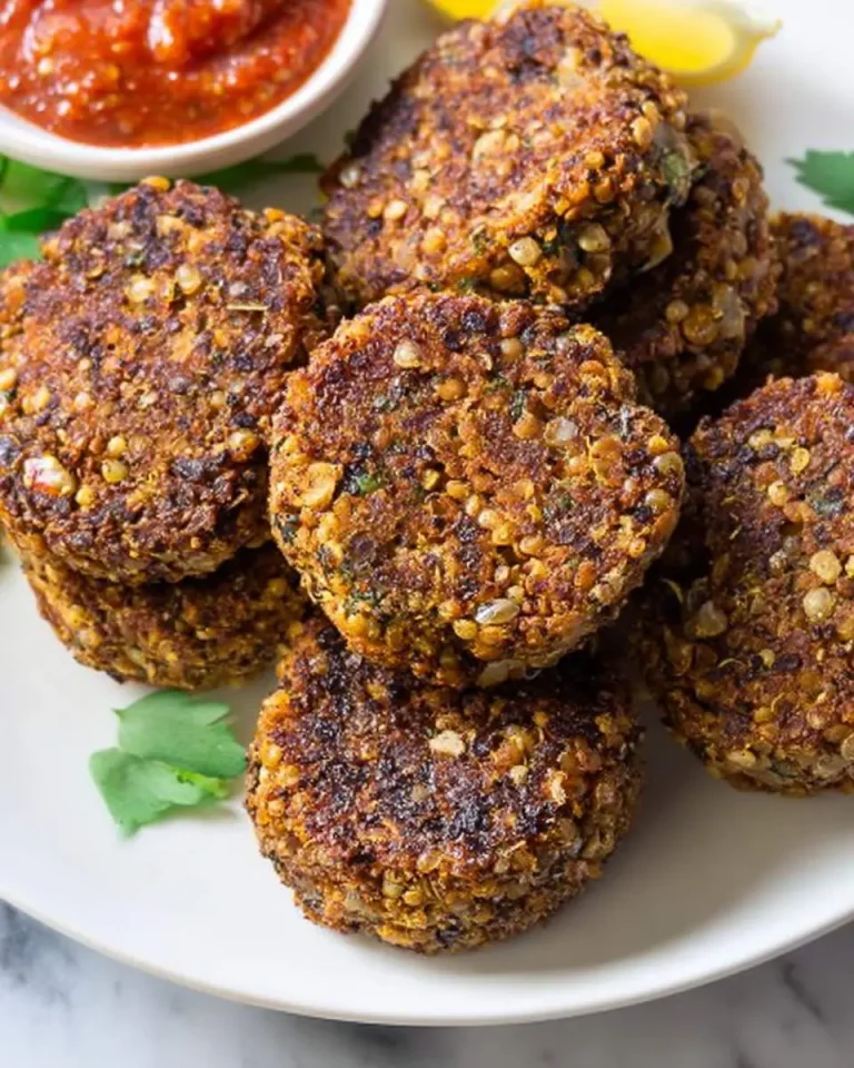 A plate of golden brown Crispy Lentil Patties stacked together with fresh herbs and red dipping sauce on the side.
