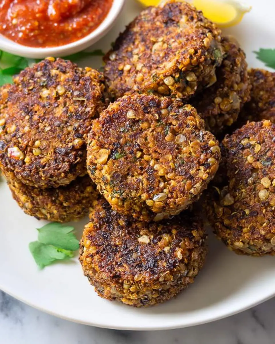A plate of golden brown Crispy Lentil Patties stacked together with fresh herbs and red dipping sauce on the side.