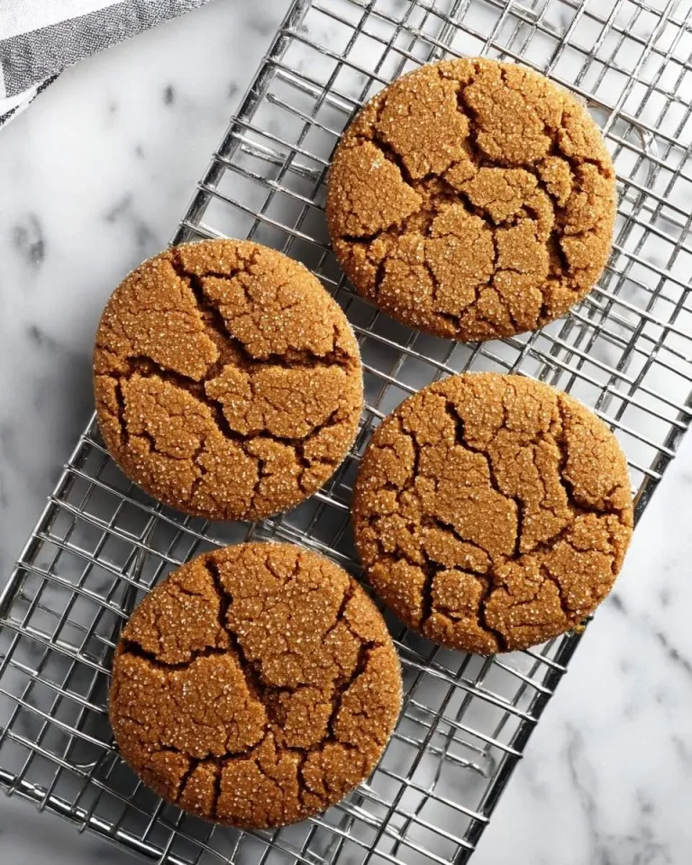Four Crispy Molasses Cookies cooling on a wire rack with a cracked sugar-coated surface.