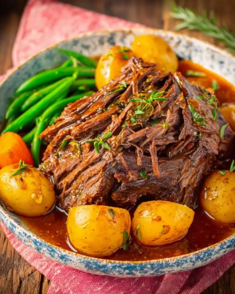 Crock Pot Catalina Roast Beef served with baby potatoes, green beans, and carrots in a rich sauce.