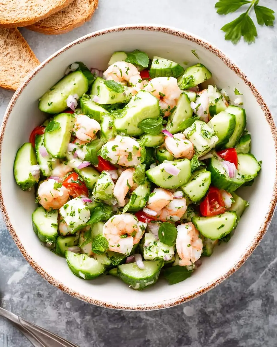 Fresh Cucumber Shrimp Salad in a white bowl with herbs, tomatoes, and red onion, served with bread slices.