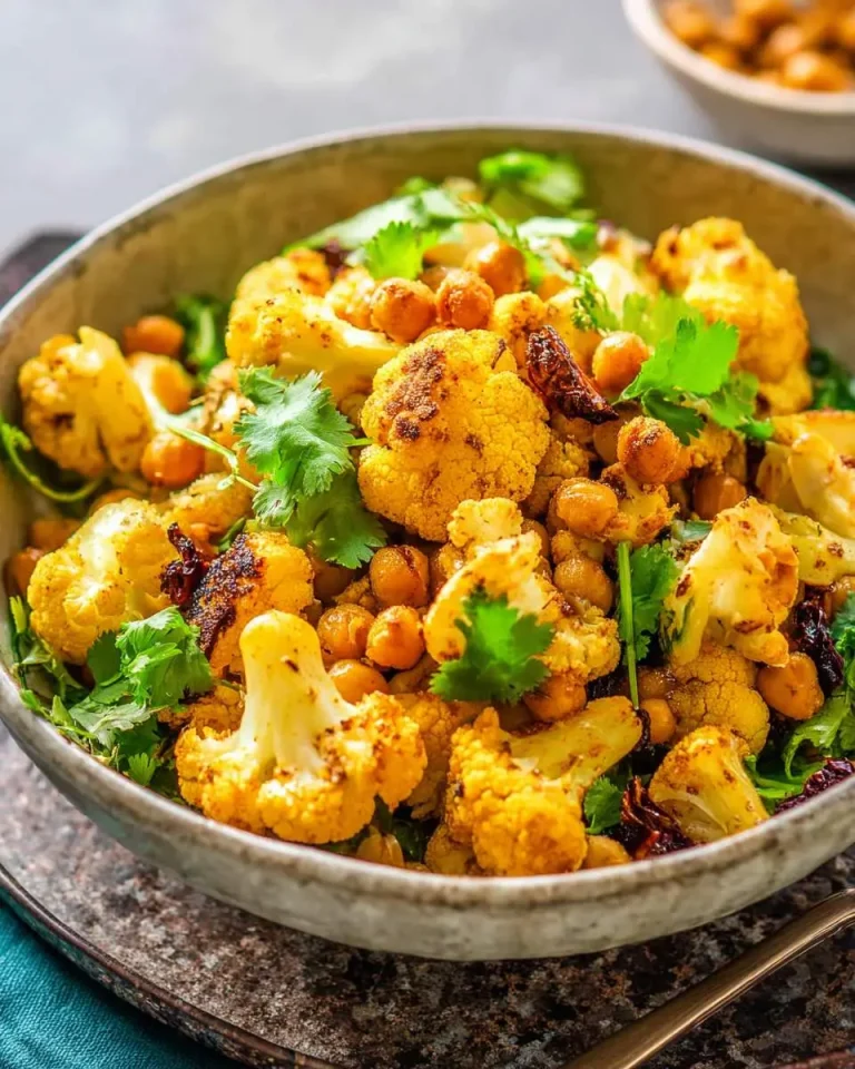 Curried Roasted Cauliflower Chickpea Salad served in a rustic bowl, garnished with fresh cilantro and dried cranberries.