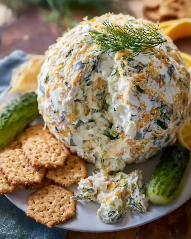 A creamy Dill Pickle Cheese Ball coated in shredded cheese and herbs, garnished with fresh dill and served with crackers and pickles.