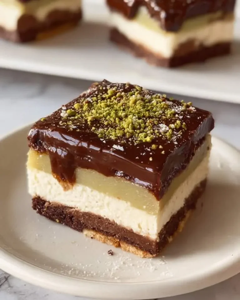 A layered Dubai chocolate cheesecake bar topped with glossy chocolate ganache and crushed pistachios on a white plate.