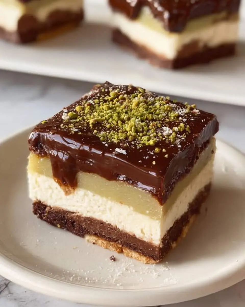 A layered Dubai chocolate cheesecake bar topped with glossy chocolate ganache and crushed pistachios on a white plate.