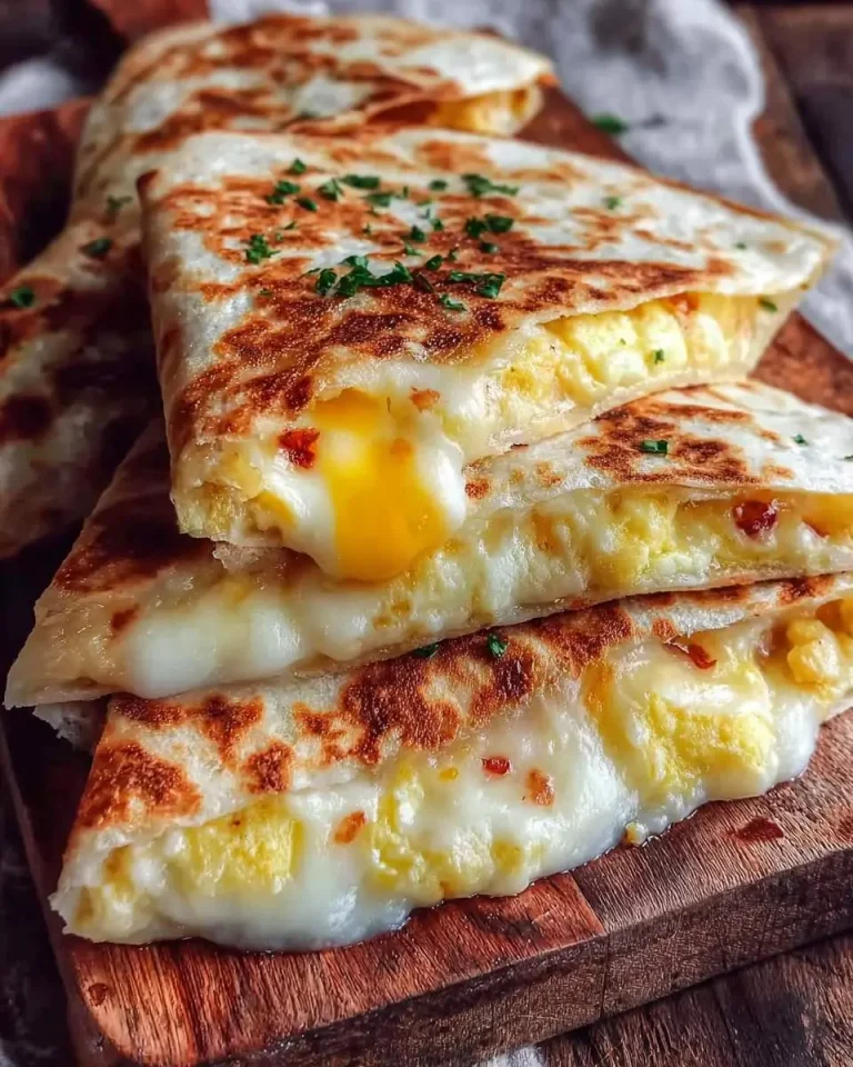Stacked golden-brown Egg and Cheese Breakfast Quesadillas with melted cheese oozing out, garnished with fresh herbs.