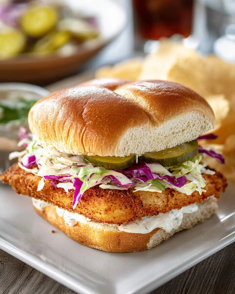 Crispy fried fish sandwich with coleslaw and pickles on a toasted bun served with chips.