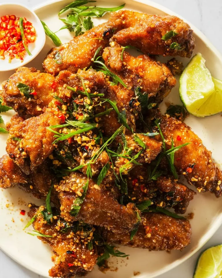 Golden crispy Fish Sauce Wings garnished with fresh herbs, chopped garlic, and red chili on a white plate with lime wedges.