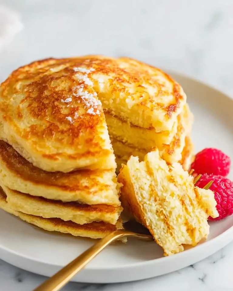 Stack of Fluffy Coconut Flour Pancakes with a slice cut out, served with fresh raspberries on a white plate.