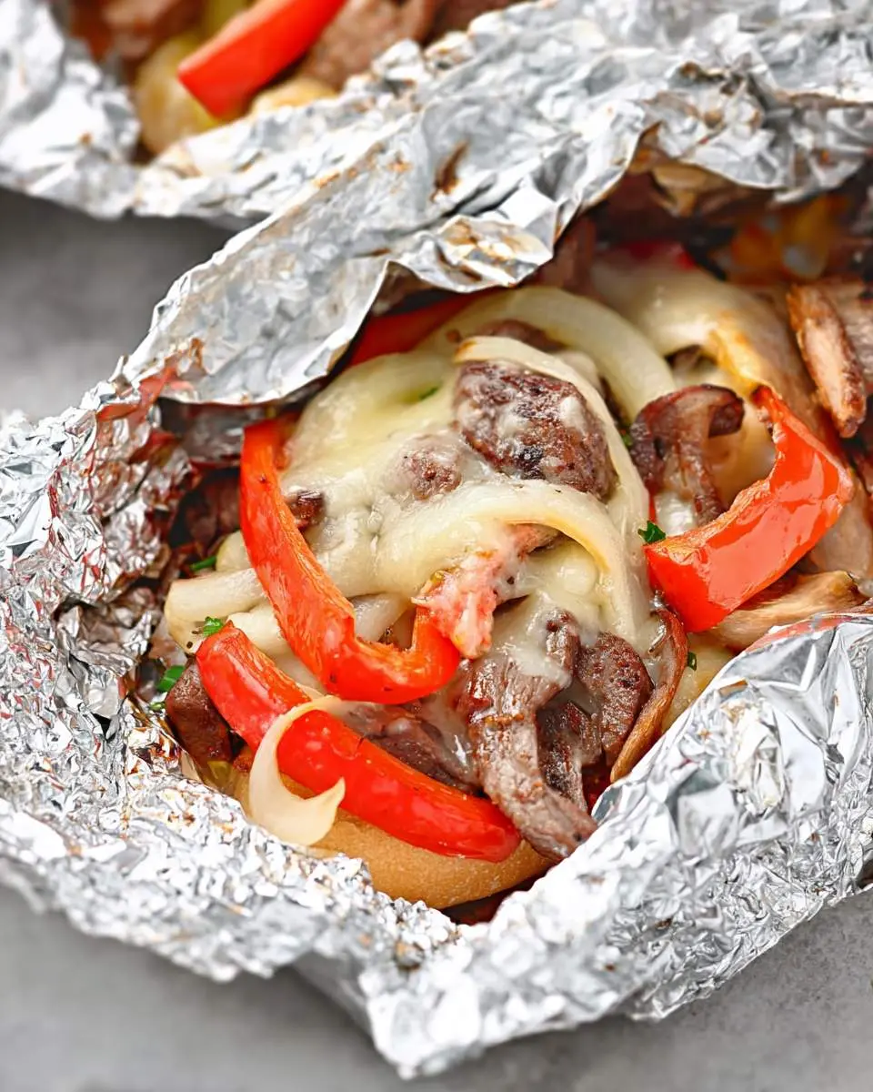 A foil pack with Philly cheese steak open to reveal melted cheese, sliced beef, peppers, and onions on a toasted bun.