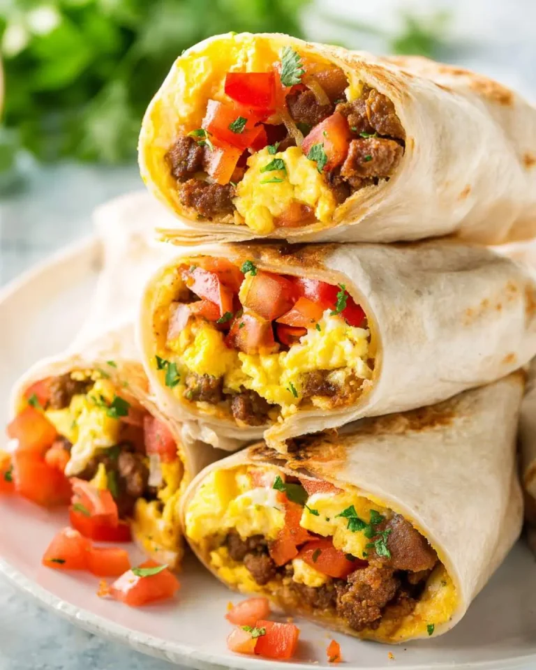 Stack of Freezer Breakfast Burritos filled with scrambled eggs, sausage, and fresh tomatoes on a white plate.