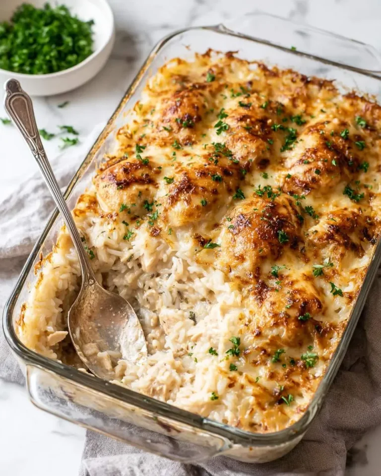 French Onion Chicken Rice Bake in a glass casserole dish with a golden cheesy crust and fresh parsley garnish.