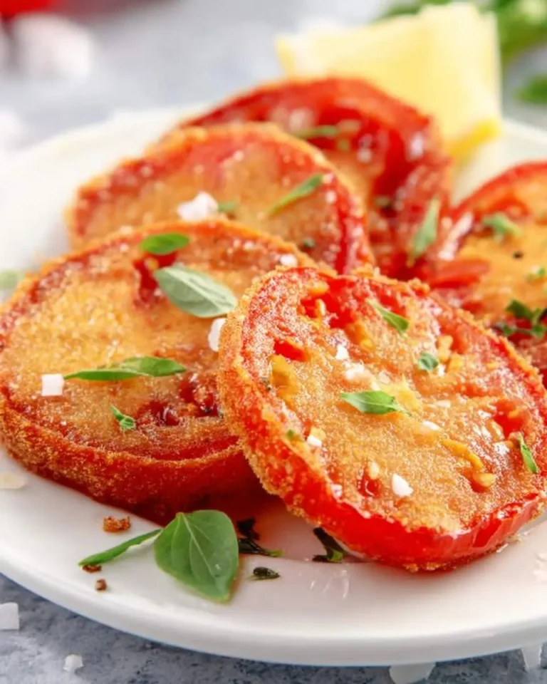 Crispy Fried Red Tomatoes garnished with fresh basil and parmesan on a white plate.