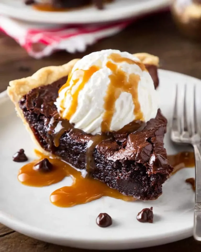 A slice of Fudge Brownie Pie topped with whipped cream and caramel drizzle on a white plate with a fork.