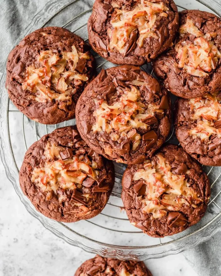 Fudgy German Chocolate Cookies topped with coconut pecan frosting arranged on a glass cake stand.