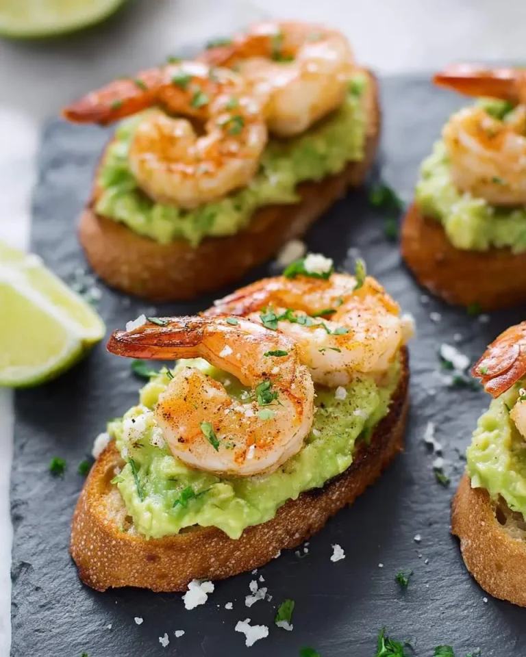 Garlic Shrimp and Avocado Crostini on toasted bread with lime wedges and fresh herbs on a slate board.