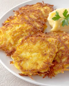 Golden crispy German Potato Pancakes served on a white plate with a dollop of applesauce and fresh parsley garnish.