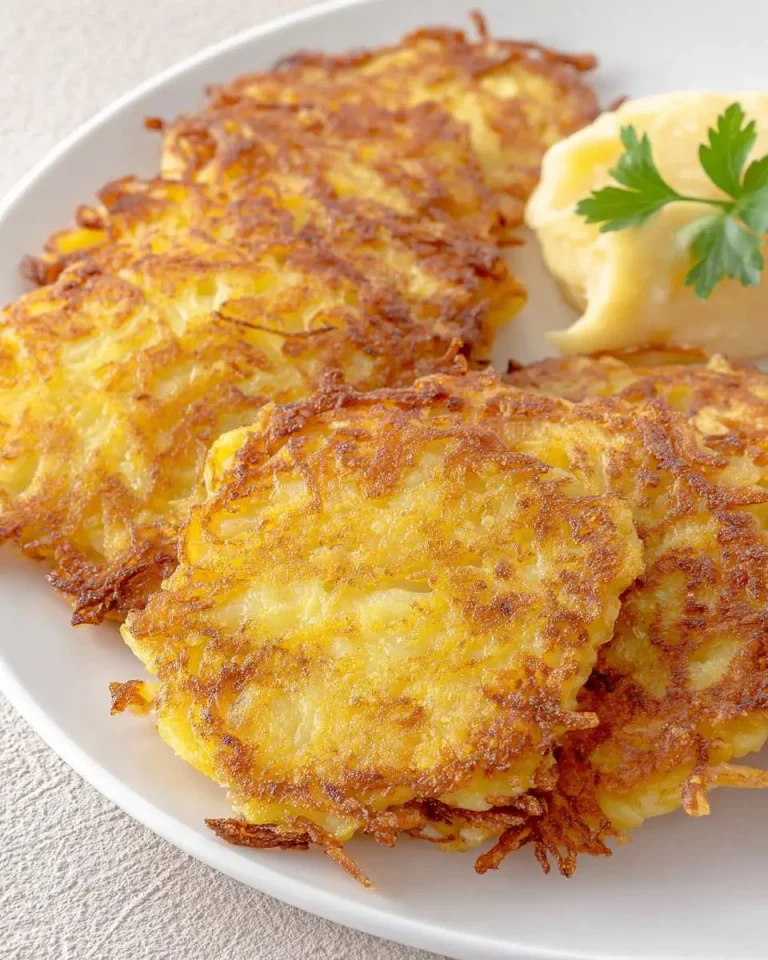 Golden crispy German Potato Pancakes served on a white plate with a dollop of applesauce and fresh parsley garnish.