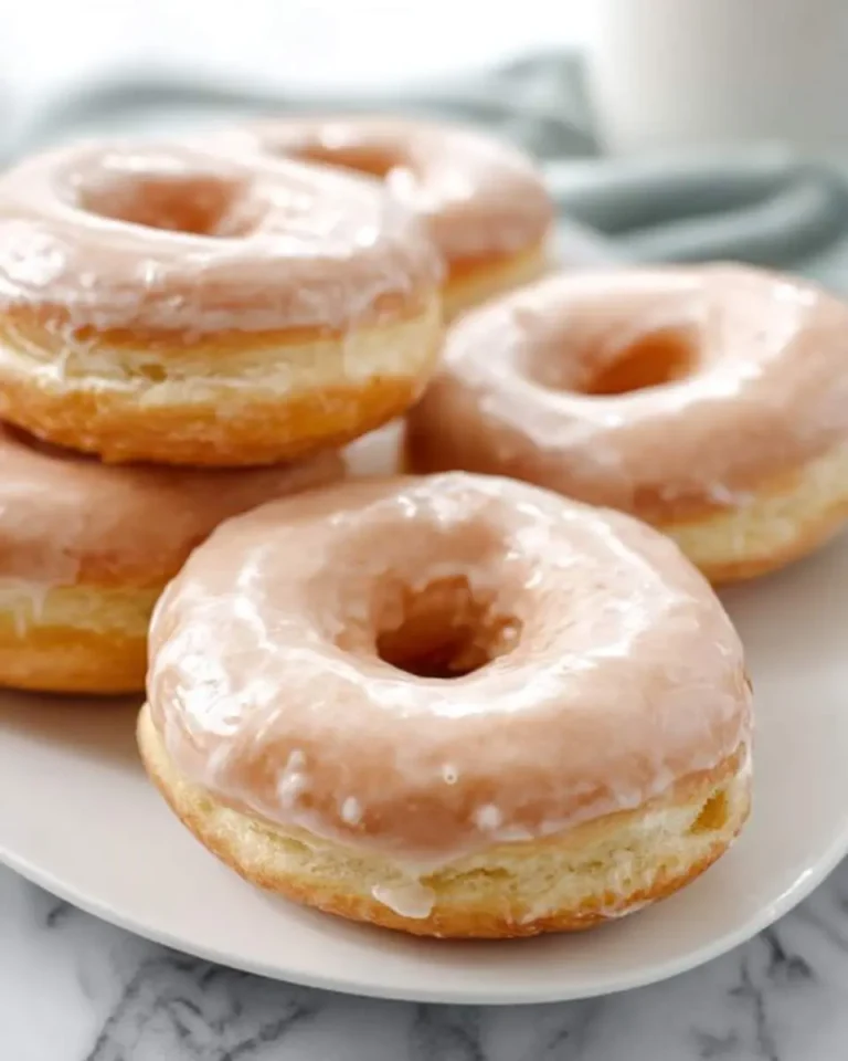 Stack of fresh glazed donuts with shiny icing on a white plate.
