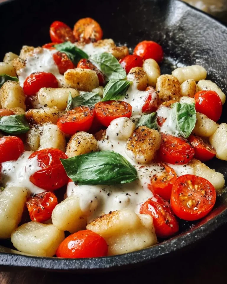 Gnocchi Caprese Salad with crispy pan-fried gnocchi, roasted cherry tomatoes, fresh basil, and creamy mozzarella sauce in a cast iron skillet.