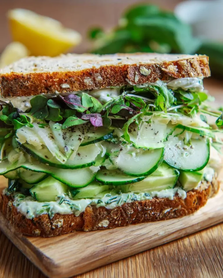 A tall Green Goddess Sandwich with whole grain bread, layered with cucumber, avocado, and fresh microgreens on a wooden board.